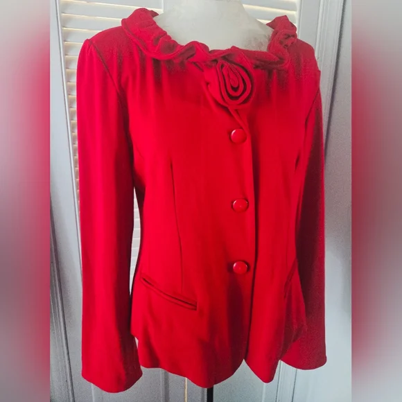 Vintage Red Rosette Ruffle Jacket 80s 90s Statement Top - Picture 6 of 9